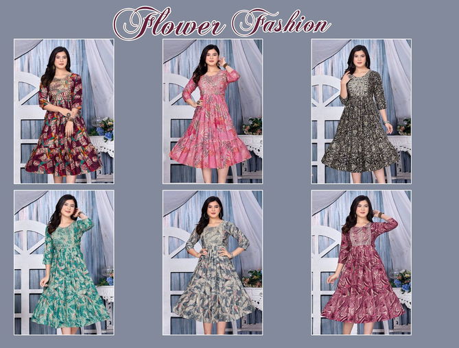 Ft Flower Fashion Foil Printed Embroidered Kurtis Catalog
